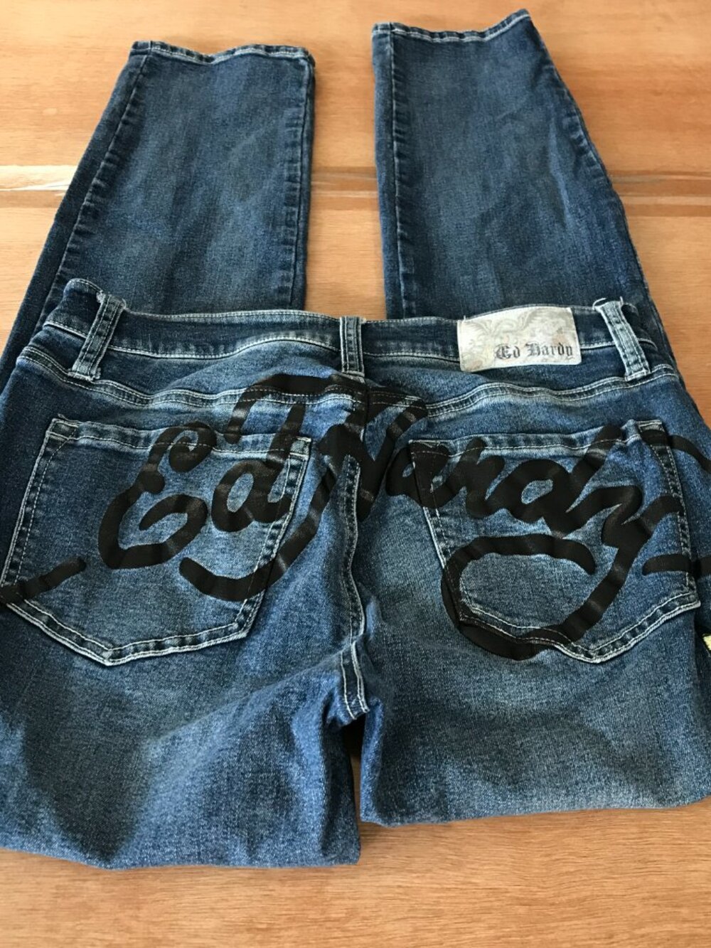 Ed Hardy Straight Leg Jeans Men 30x30 Blue Eagle Snake Print Mid Rise Stretch